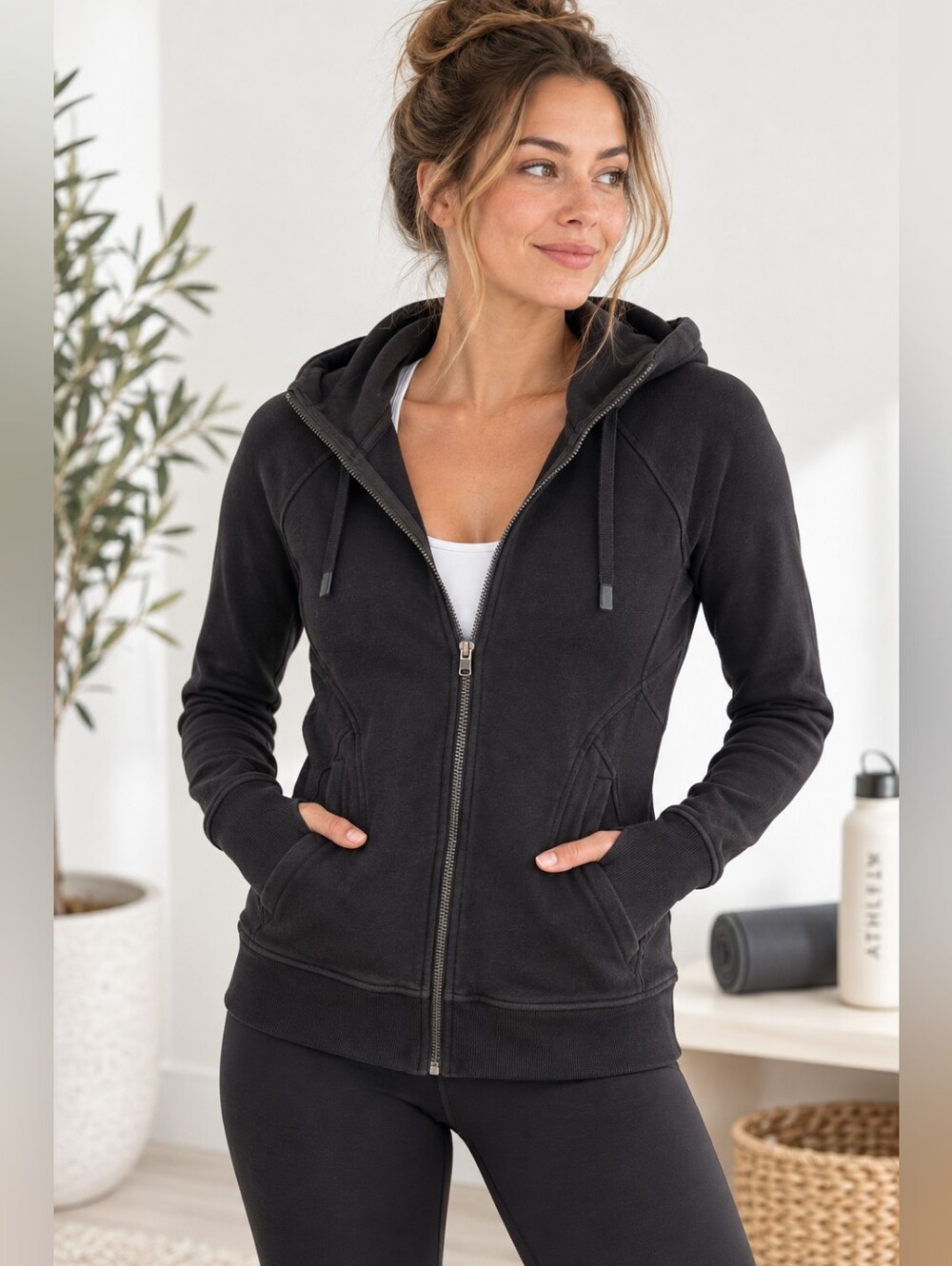 Athleta Medium Black Full Zip Hoodie Jacket Thumbholes Athleisure